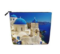 Santorini - Beauty case da viaggio con stampa di isola greca vista mare, borsa da viaggio per trucchi, custodia portatile da donna, Nero , Taglia unica