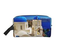 Santorini - Beauty case da viaggio da uomo, con stampa di isola greca e vista sul mare, spaziosa borsa per cosmetici da donna, bianco, Taglia unica
