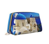 Santorini - Beauty case portatile e versatile con stampa con vista sul mare, grande capacità, da donna, bianco, Taglia unica, Beauty case