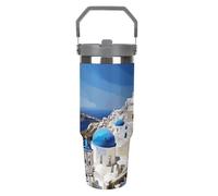 Santorini - Bicchiere da viaggio con cannuccia, isola greca, vista mare, 880 ml, in acciaio inox, con manico, design a doppia parete, coperchio a prova di perdite, mantiene le bevande calde/fredde per