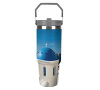 Santorini - Bicchiere da viaggio con cannuccia, isola greca, vista mare, 880 ml, in acciaio inox, con manico, design a doppia parete, coperchio a prova di perdite, mantiene le bevande calde/fredde per