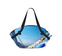 Santorini - Borsa da campeggio pieghevole con stampa con isola greca e vista mare, borsa da viaggio impermeabile, materasso da campeggio per parco all'aperto spiaggia