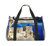 Santorini - Borsa da viaggio con stampa con isola greca e vista sul mare, borsa per weekend, allenamento, yoga, borsone per oggetti personali per Audlts, Nero , Taglia unica