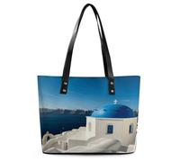 Santorini - Borsa larga da donna in morbida pelle con cerniera e vista sul mare con isola greca