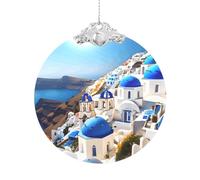 Santorini - Ciondolo rotondo in vetro con vista sul mare dell'isola greca, decorazione natalizia da appendere all'albero, fibbia in metallo, 7,6 cm