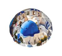 Santorini - Cuffia da doccia morbida con stampa dell'isola greca e vista mare, per donne e uomini, cappello riutilizzabile leggero e cuffia per capelli da bagno