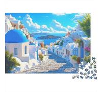 Santorini Cupola Blu Puzzle 1000 Pezzi Gioco di Puzzle 1000 Pezzi Carta Strada Mediterranea Antistress Arredo Casa 70x50cm/1000pcs