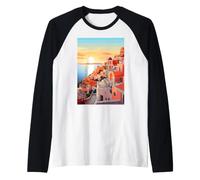Santorini, Grecia, Città Greca, Tramonto, Illustrazione, Arte Maglia con Maniche Raglan