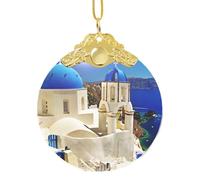 Santorini - Ornamento rotondo in vetro con vista sul mare dell'isola greca, clip in metallo, per albero e decorazione della casa