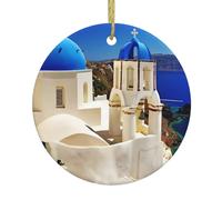 Santorini - Pallina di Natale rotonda in ceramica con vista sul mare, decorazione per albero di Natale per fidanzato, fidanzata, moglie, regalo di Natale