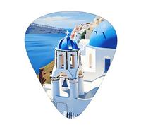 Santorini - Plettri per chitarra, confezione da 12, 3 diversi spessori, vista mare, con custodia in plastica trasparente, per chitarra elettrica, basso, ukulele, (inclusi 0,46 mm, 0,71 mm, 0,96 mm)