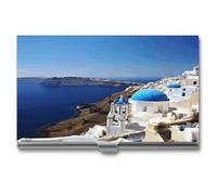 Santorini Porta biglietti da visita con vista sul mare dell'isola greca, per uomini e donne, custodia professionale in acciaio inox, sottile, con custodia a portafoglio per biglietti da visita