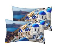 Santorini - Set di 2 federe per cuscino con stampa di isola greca, vista mare, 30 x 50 cm, in lino, decorative