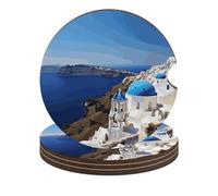 Santorini - Set di 4 sottobicchieri antiscivolo universali con vista sul mare e isola greca, 6,6 cm, set di accessori per interni dell'auto, unisex