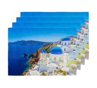 Santorini - Set di 4 tovagliette per tavoli da pranzo, a doppia faccia con il Mar Egeo, lavabili e resistenti al calore, per feste, casa e cucina, decorazione