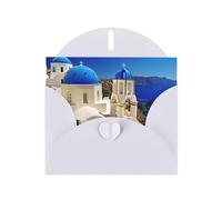 Santorini - Set di biglietti d'auguri con stampa dell'isola greca e vista sul mare, con interno bianco, eleganti biglietti per appunti in carta bianca perlata e buste abbinate