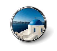 Santorini - Spilla rotonda con vista sul mare dell'isola greca, in metallo, personalizzata, adatta per abbigliamento, borse, cappelli, spilla con stampa umoristica, decorazione per feste, accessori