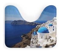 Santorini - Tappetino da bagno a forma di U con isola greca e vista mare, ultra morbido, super assorbente, con retro antiscivolo, lavabile ad asciugatura rapida, per base WC ovale, tappetino da bagno