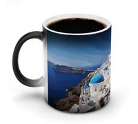 Santorini Tazza da caffè in ceramica con isola greca vista mare, tazza da caffè in vetro che cambia il calore, tazza da tè personalizzata, 325 ml, tazze a sublimazione per bevande calde e fredde, casa