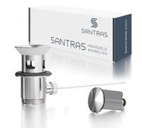 SANTRAS® Scarico eccentrico Premium per lavabo con protezione contro il troppopieno in cromo - Set completo con tappo di scarico in 1 ¼ per rubinetto con asta di trazione