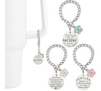 SANUIU 3 ciondoli a forma di fiore per tazza Stanley, accessori per bottiglia per manico di bicchieri, etichette con parole ispiratrici con ciondoli a forma di fiore rosa, blu, bianco, regali