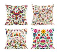 Sanwarm Set di 4 federe decorative per cuscini da divano, 45,7 x 45,7 cm, decorazione messicana, etnica, uccellini e fiori
