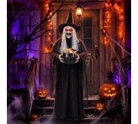 Sanwuta Strega animata di Halloween da 1,8 m con calderone e occhi luminosi, decorazione da appendere raccapricciante con suono e tocco, decorazione da strega parlante spaventosa per casa infestata