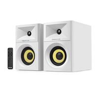 Sanyun SW205 80W 4" Altoparlante attivo per libreria con cassa in legno Design esterno innovativo e chip DSP avanzati - Ingresso ottico Aux Bluetooth 5.4 da 3,5 mm - Telecomando (coppia, bianco)