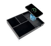 SANZIE Vassoio per gioielli in pelle con caricabatterie wireless, organizer da comodino per telefono, portafoglio, chiavi, occhiali da sole, orologi, gioielli e altro (nero, M)