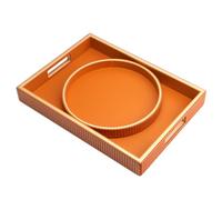 SANZIE Vassoio portaoggetti da scrivania in pelle, vassoio decorativo di alta qualità per articoli vari, cosmetici, telefono, portafoglio e posate (supporto arancione con disco)