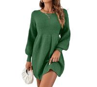Saodimallsu Abito da donna a maniche a palloncino in maglia con scollo tondo, aderente in vita, elegante, a linea, miniabito, verde, L