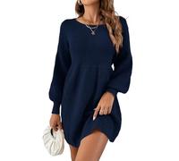 Saodimallsu Abito da donna a maniche lunghe con scollo tondo, in maglia, con maniche a palloncino, aderente in vita, elegante, maglione in maglia, abito a linea, miniabito, Blu scuro, M