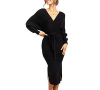 Saodimallsu Abito da donna con scollo a V, a maniche lunghe, con fessura, schiena aperta, con cintura, per autunno e inverno, Nero , M