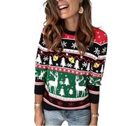 Saodimallsu Maglione Natalizio da Donna, con Scollo Rotondo, a Maniche Lunghe, Motivo Renne, Invernale, Casual, Caldo, A-Nero., M