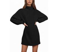 Saodimallsu Vestito a maglia da donna a maniche lunghe con collo alto oversize con maniche a lanterna minidress casual tinta unita pullover autunno inverno, Nero , L