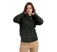 SAOL 100% lana merino Aran Fisherman Celtic Pullover con mezza cerniera da donna, verde militare, XS