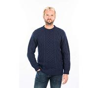 SAOL 100% Merino Wool Men's Irish Traditional Aran Crew Neck Cable Knit Sweater Pullover, Navy, XL Uomo
