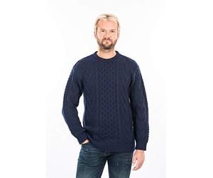 SAOL 100% Merino Wool Men's Irish Traditional Aran Crew Neck Cable Knit Sweater Pullover, Navy, XL Uomo