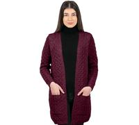 SAOL Aran Cardigan cappotto da donna irlandese Open Front Cardigan con tasche lana merino Fisherman Cardigan Made in Irlanda, Vino, XL