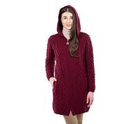 SAOL Cardigan irlandese 100% lana merino Aran irlandese da donna con tasche, cappuccio e cerniera celtica, vino, XL