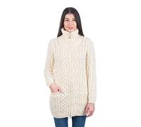 SAOL Cardigan irlandese Aran da donna con cerniera, 100% lana merino, cappotto irlandese con tasche e colletto rialzato