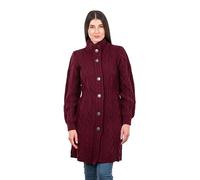 SAOL Cardigan irlandese da donna in 100% lana merino con bottoni a nodo celtico -Aran lungo esterno lavorato a maglia, vino, L