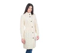 SAOL Cardigan irlandese in 100% lana merino da donna con bottoni a nodo celtico - Aran Long Outdoor Cable Knit Coatigan, Naturale., L