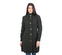 SAOL Cardigan irlandese in 100% lana merino da donna con bottoni a nodo celtico - Aran Long Outdoor Cable Knit Coatigan, verde militare, XL