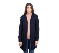 SAOL Cardigan Lungo da Donna in 100% Lana Merino Irlandese con Cappuccio, Navy, S