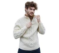 SAOL Irischer Fischer Pullover fr Herren aus Wolle mit Reiverschluss V-Ausschnitt, Hergestellt in Irlanda, Naturale, M