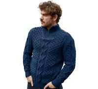 SAOL - Maglione da uomo Aran con zip e collo alto - 100% lana, pullover in maglia marinara - Realizzato in Irlanda, blu oceano, M