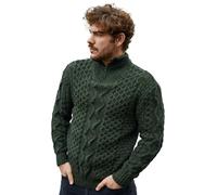 SAOL - Maglione da uomo Aran con zip e collo alto - 100% lana, pullover in maglia marinara - Realizzato in Irlanda, Verde militare, S