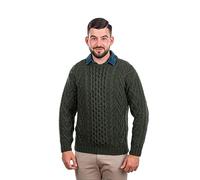 SAOL Pullover Tradizionale Irlandese del Maglione del Maglione del Collo dell'Arco di Aran degli Uomini della Lana Merino di 100%, Verde Militare, M