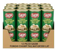 Saom Funghi Champignon Tagliati e Lessati al Naturale - Confezione da 12 Lattine da 390g - Funghi in Scatola Pronti all’Uso per Pizza, Insalate, Primi Piatti, Contorni e Ricette